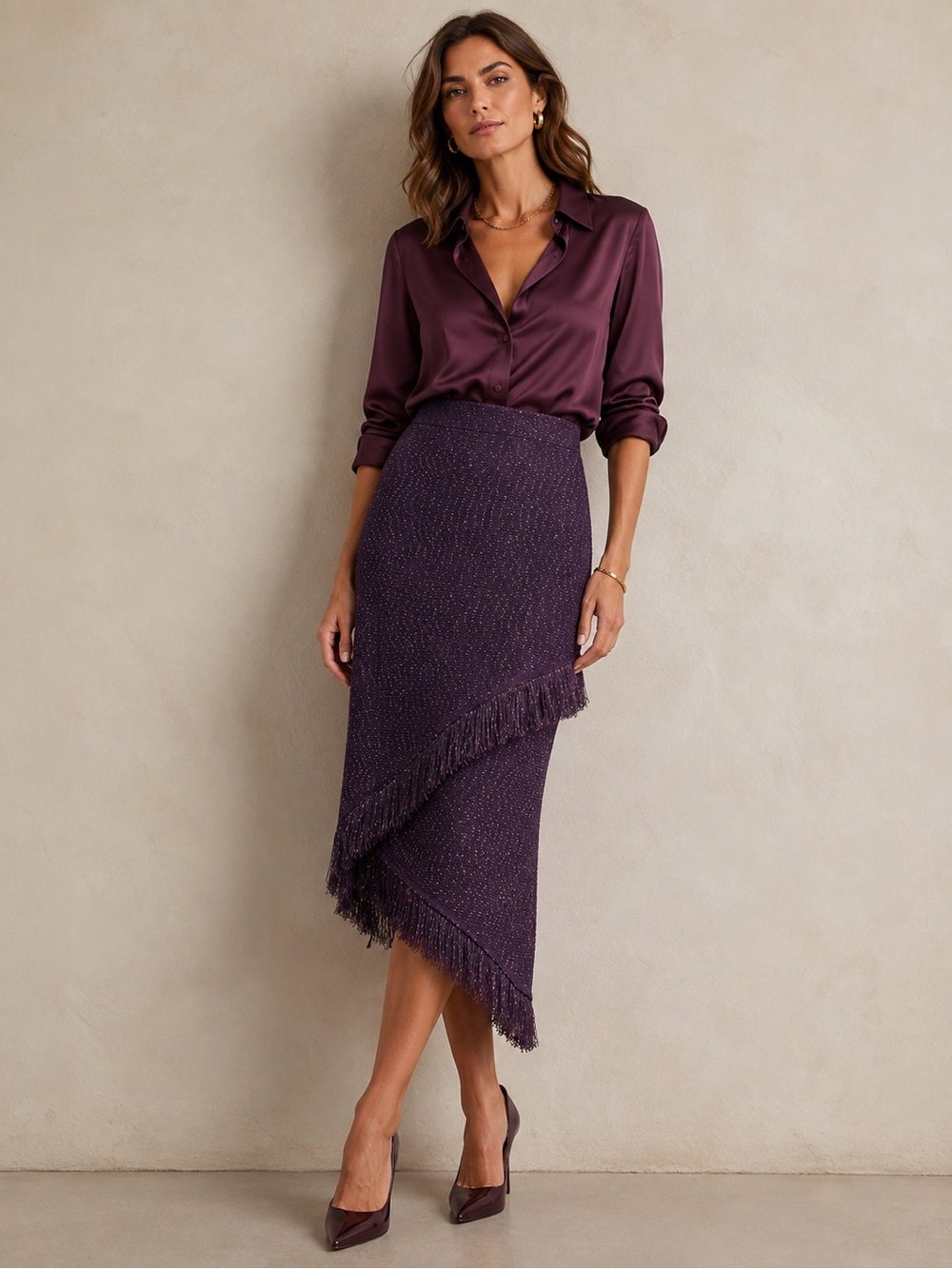 St. John Purple  Asymmetric Fringe Knit Midi Skirt